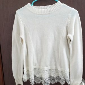 White Sweater with Lace Trim